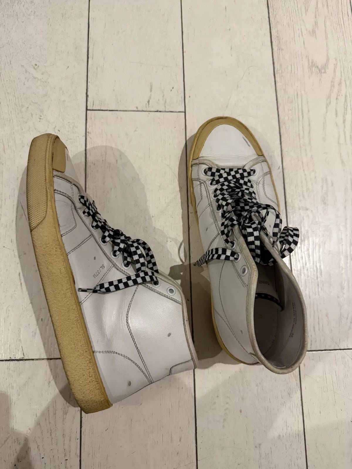 Saint Laurent Paris SS16 SL/37M White Distressed Checkerboard Laces Rivet High Top Sneakers by Hedi Slimane
