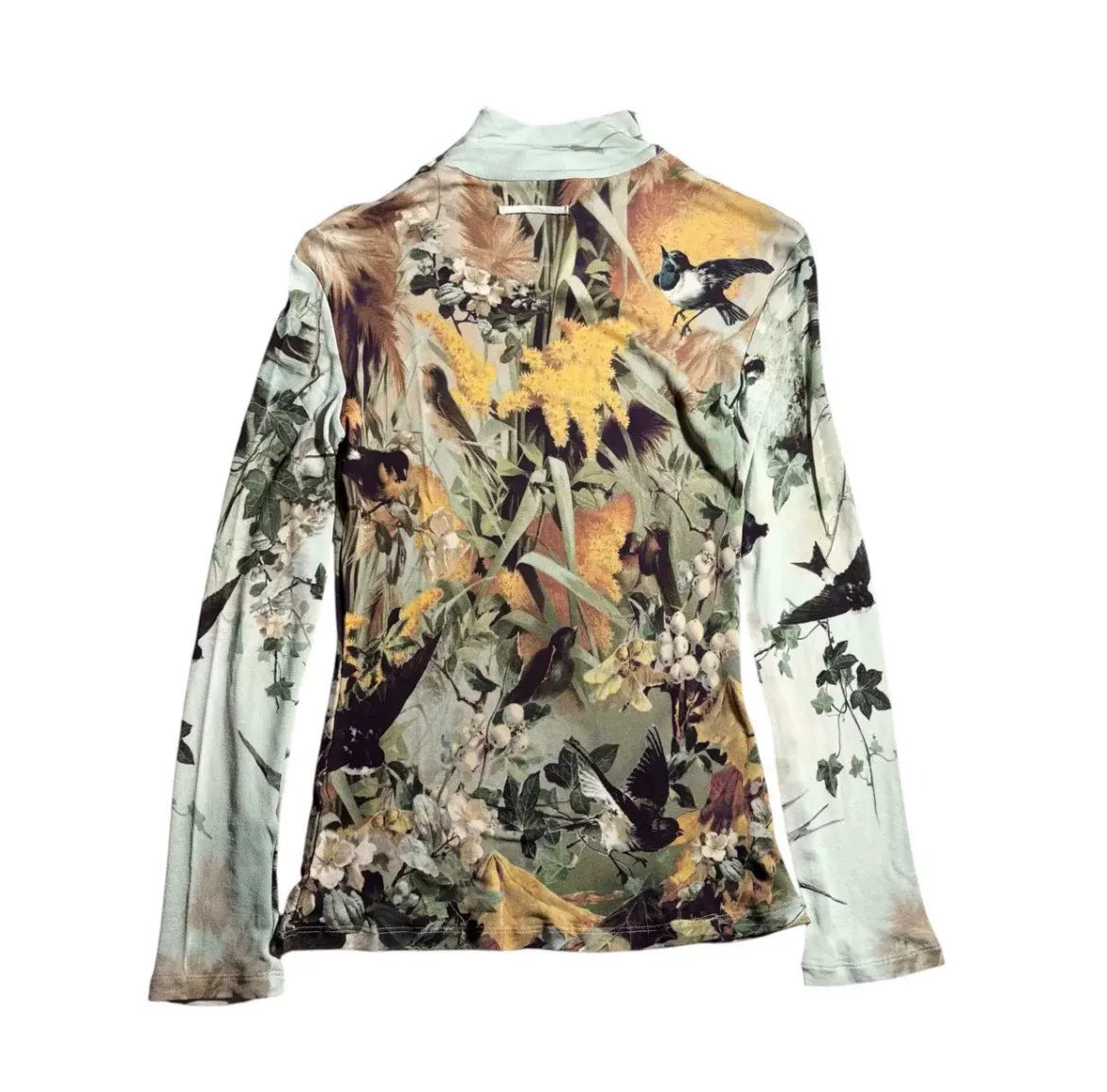 Jean Paul Gaultier Floral Bird Print Silk Turtleneck Top