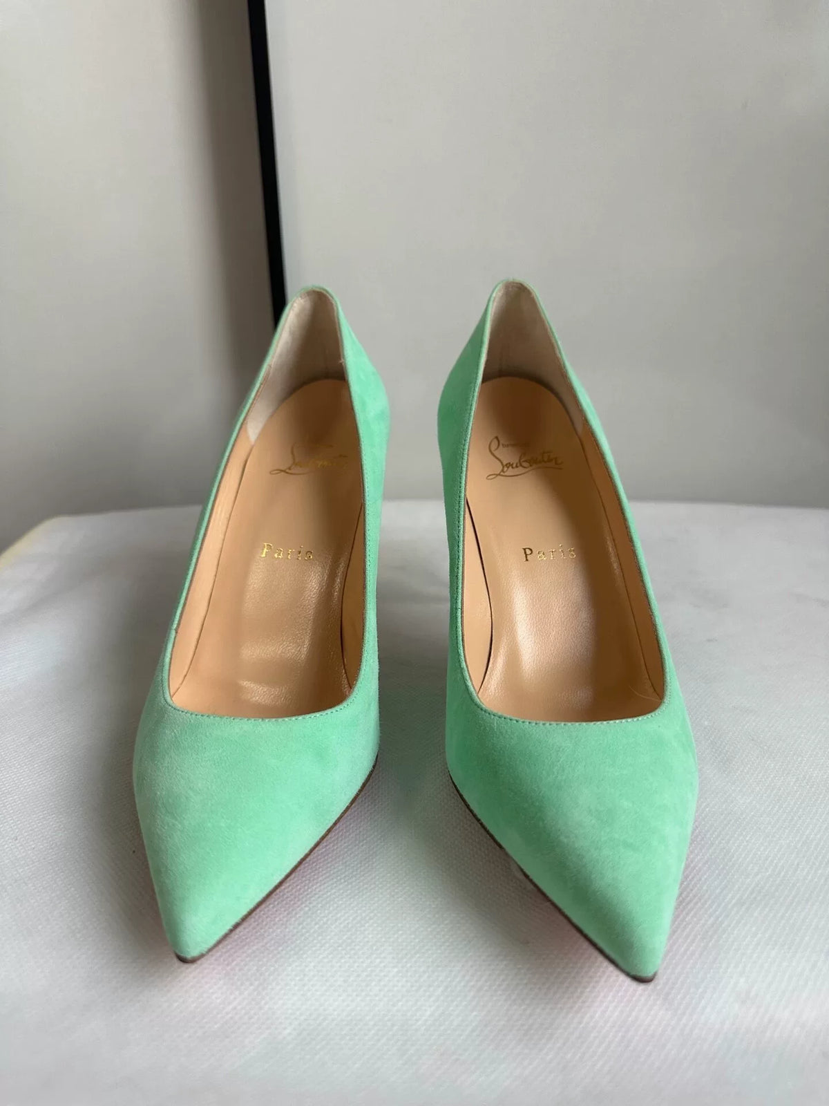 Christian Louboutin Blue Green Suede Pointed-Toe Heels
