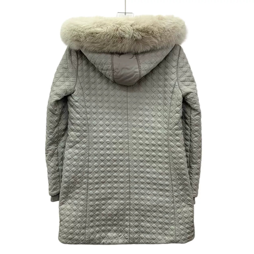 Dior Grey Diamond Quilted Hooded Fur Collar Silver Button Cotton Jacket