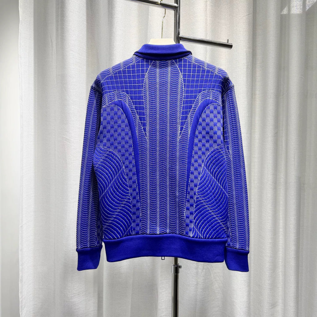 Louis Vuitton Striped Embroidered Checkerboard Stand Collar Cotton Blue Jacket