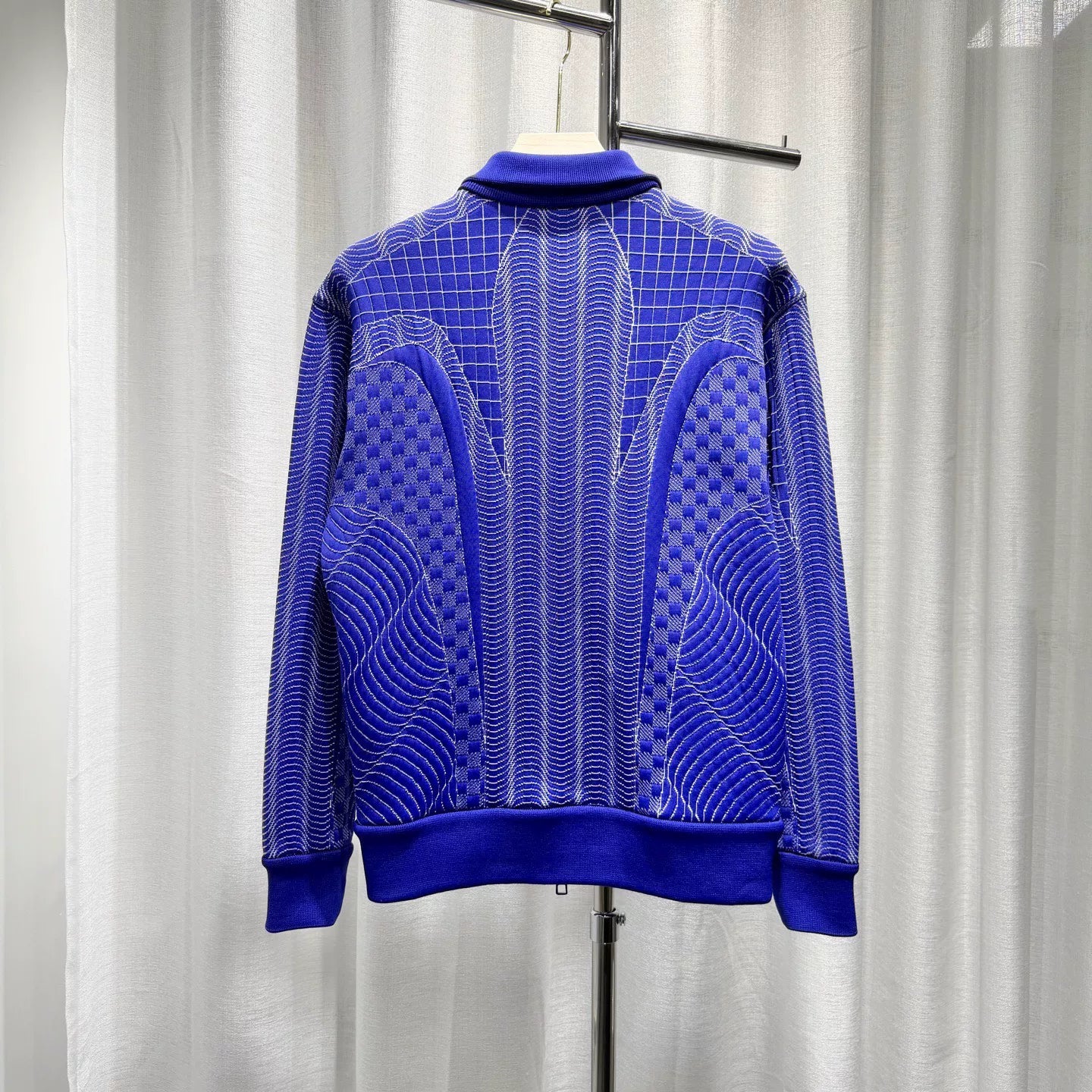 Louis Vuitton Striped Embroidered Checkerboard Stand Collar Cotton Blue Jacket