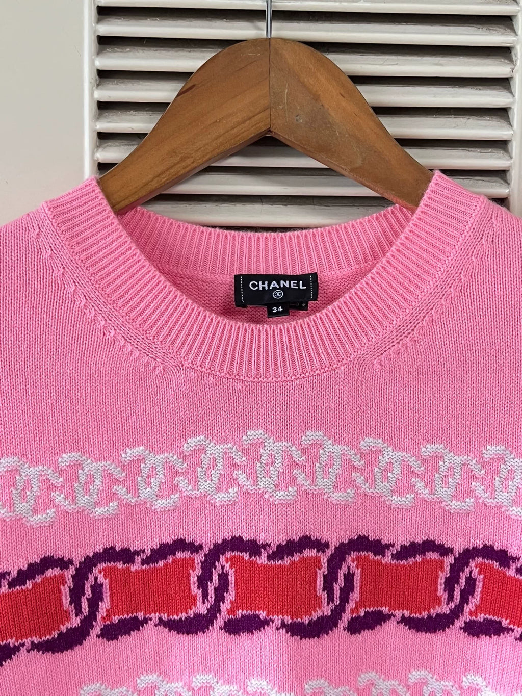 Chanel Crew Neck Long Sleeve Slim Top Pink Knit Sweater