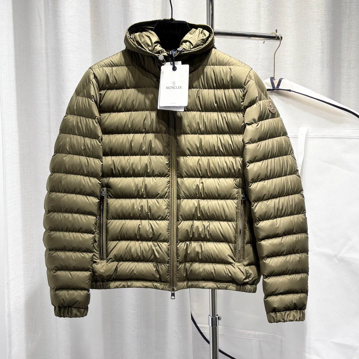 Moncler Olive Hooded Zip-Up Polyester Down Jacket