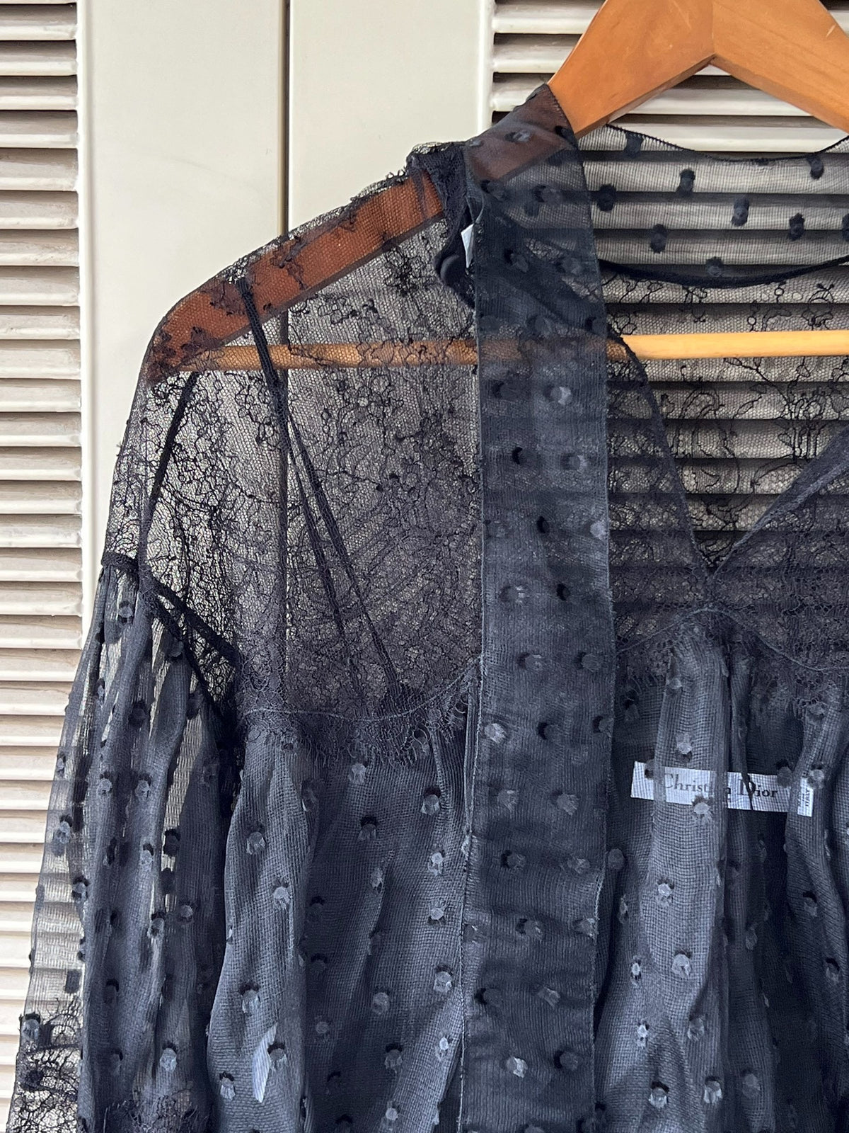 Dior Polka Dot Lace Long Sleeve Silk Top