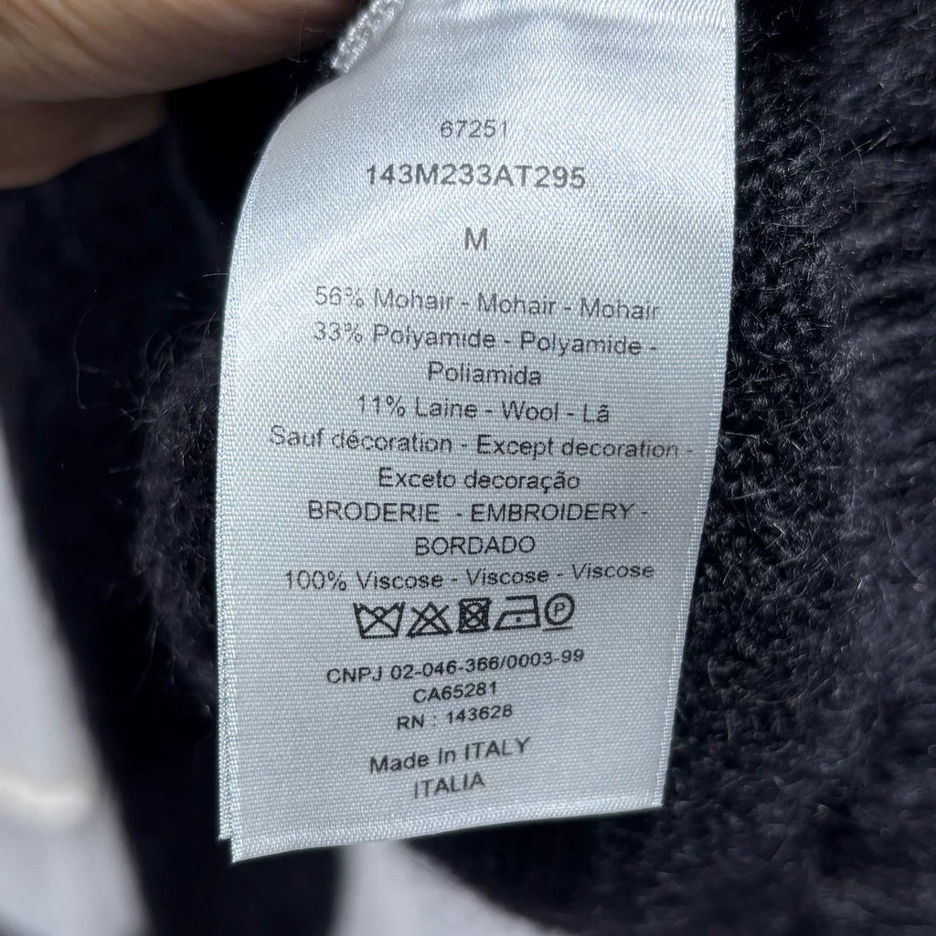 Dior Black Mohair Nylon Wool Blend Lettered Embroidered Button-Front V-Neck Cardigan