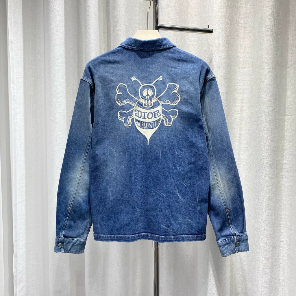 Dior X Stussy Long Sleeve Denim Lapel Embroidered Logo Skull Navy Jacket