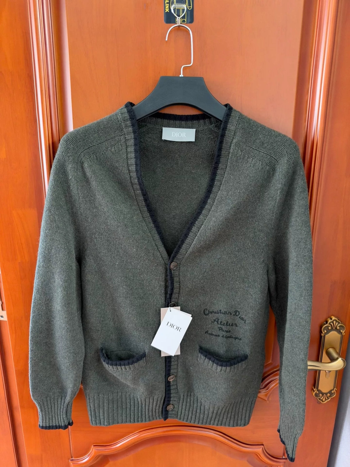 Dior Dark Green Embroidered Logo Wool Cardigan