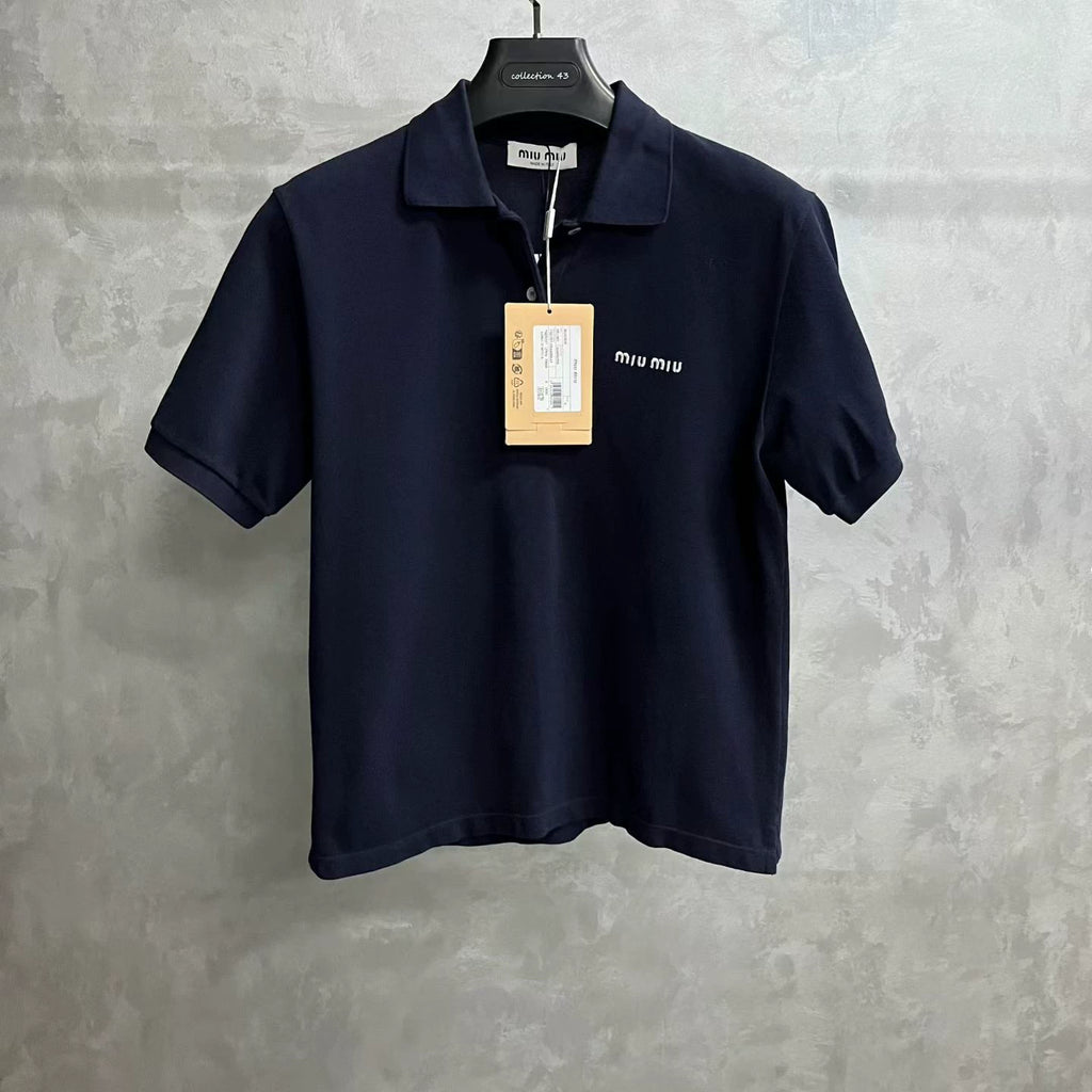 Miu Miu Blue Letter Embroidery Polo Top