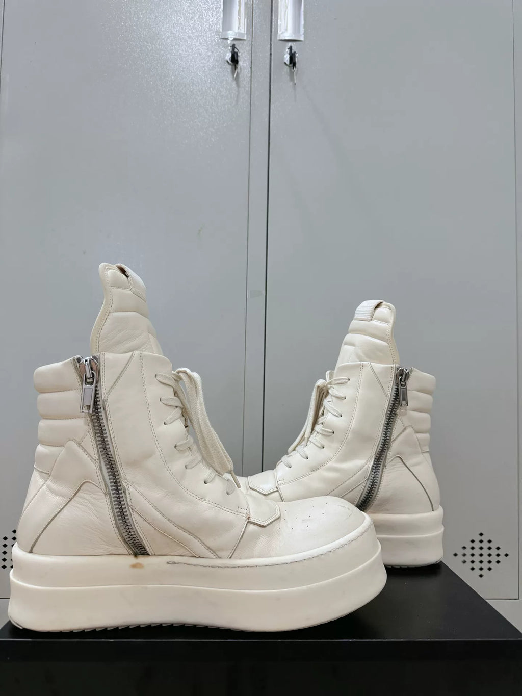 Rick Owens White Milk Thick-Sole Inverted-Triangle Sneakers