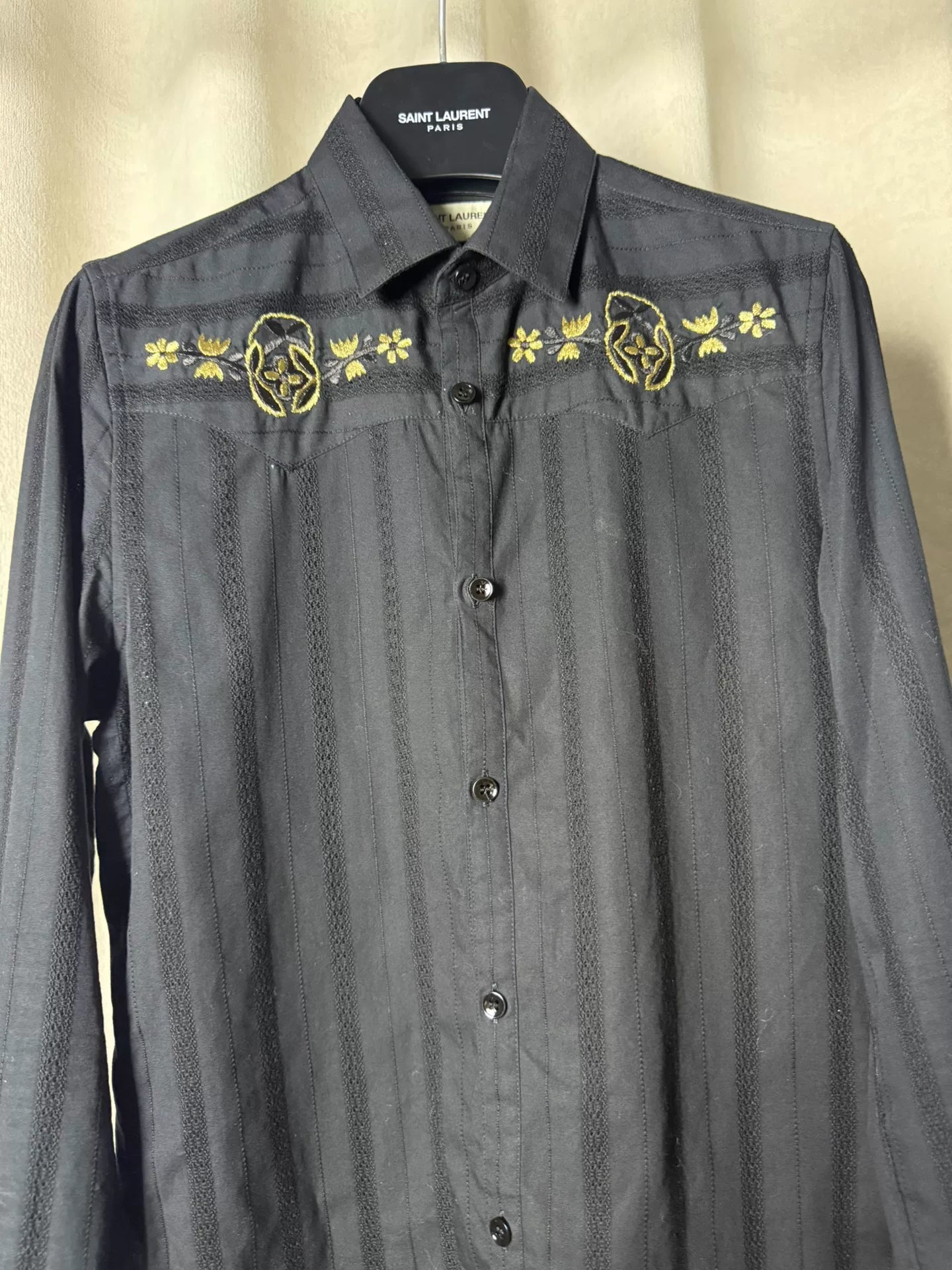 Saint Laurent 18AW Black Floral Embroidered Shirt by Anthony Vaccarello