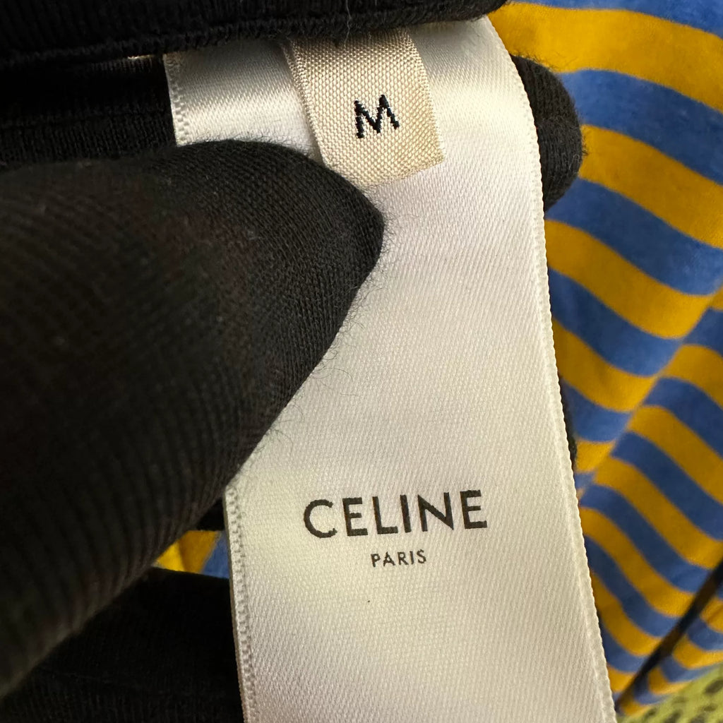 Celine Yellow Blue Stripe Arc de Triomphe Embroidered Cotton Short Sleeve Top