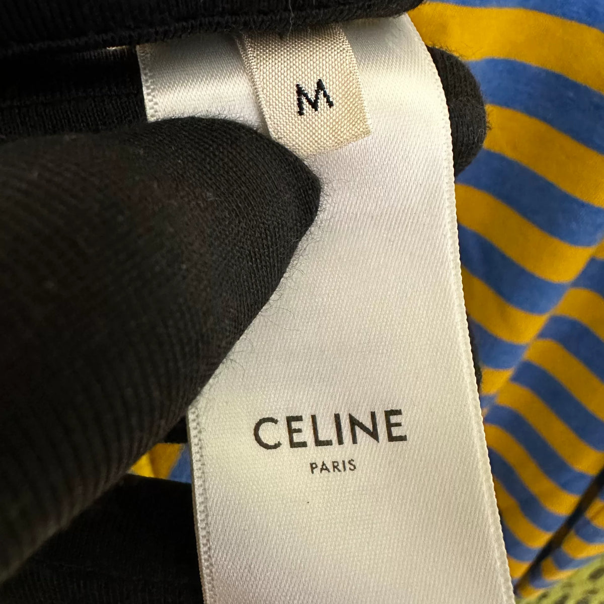 Celine Yellow Blue Stripe Arc de Triomphe Embroidered Cotton Short Sleeve Top