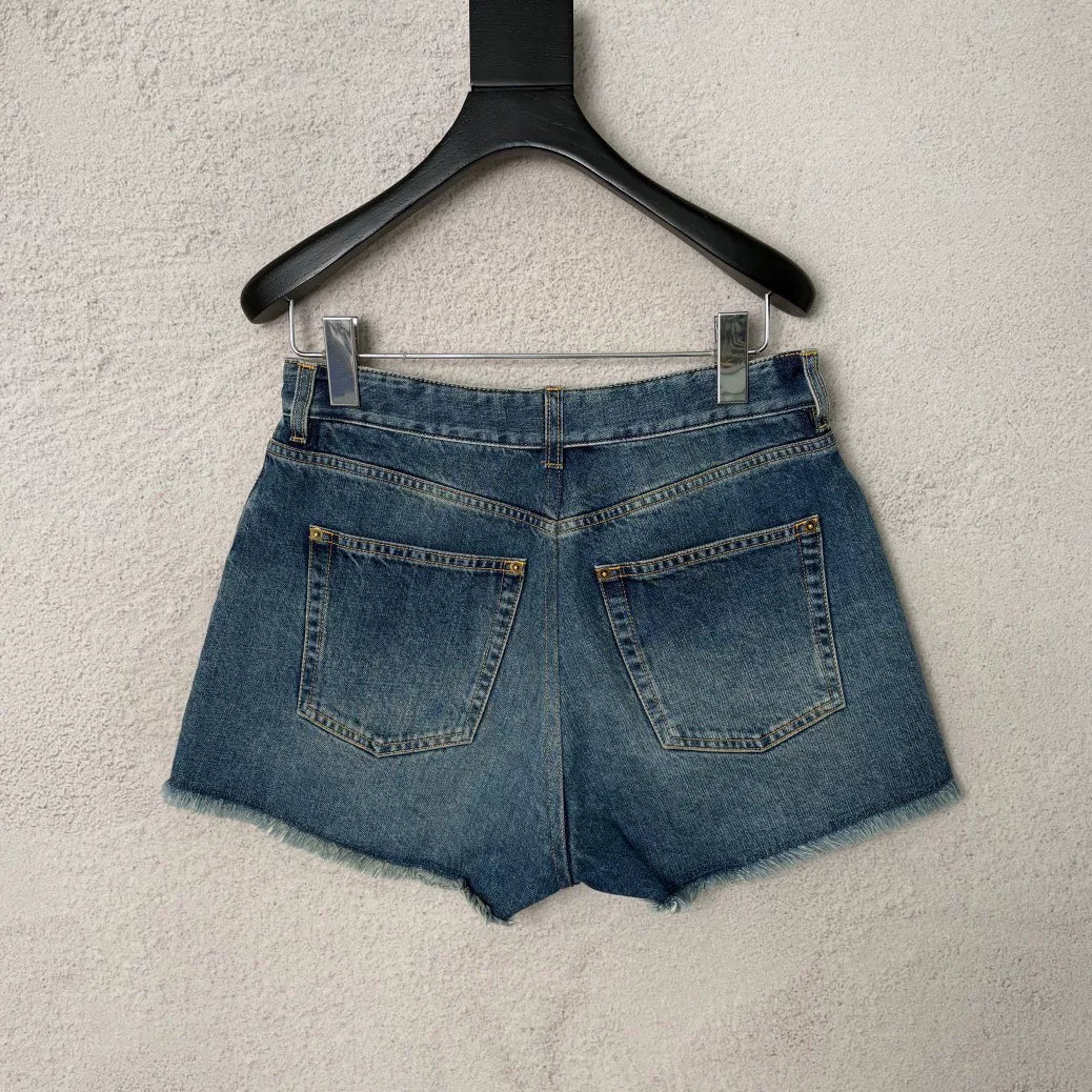Louis Vuitton Blue Raw Edge Monogram Leather Patch Denim Shorts