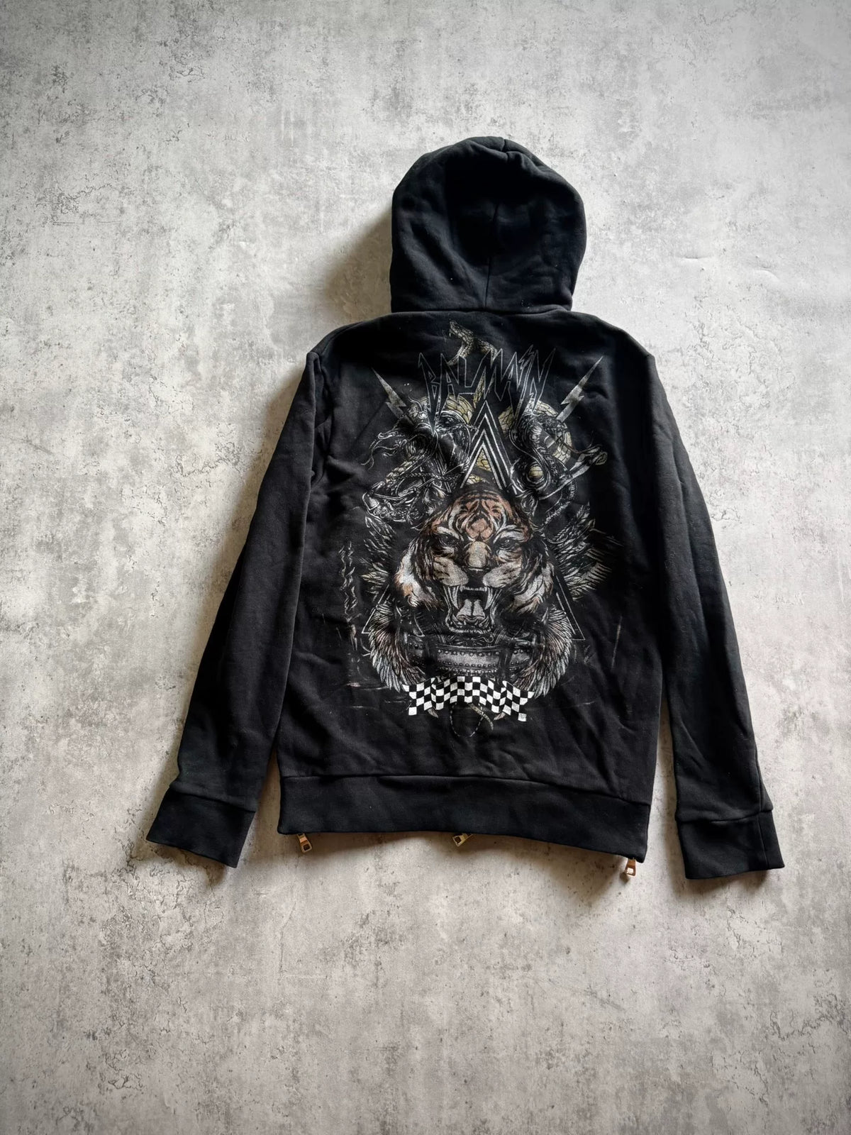 Balmain Black Zipper Check Tiger Head Snake Hooded Sweater