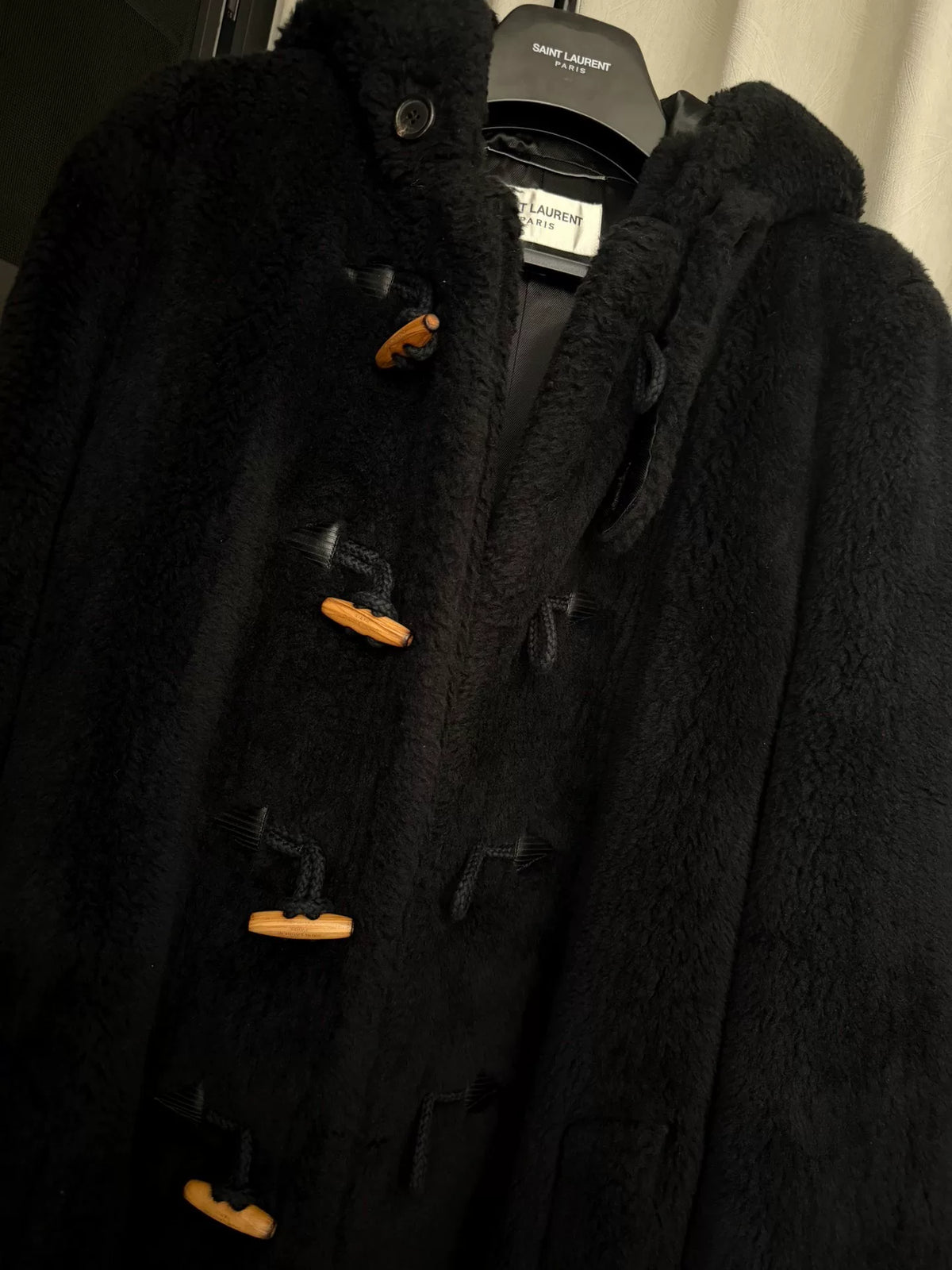 Saint Laurent FW21 Anthony Vaccarello Horn-Buckle Hooded Wool Silk Coat