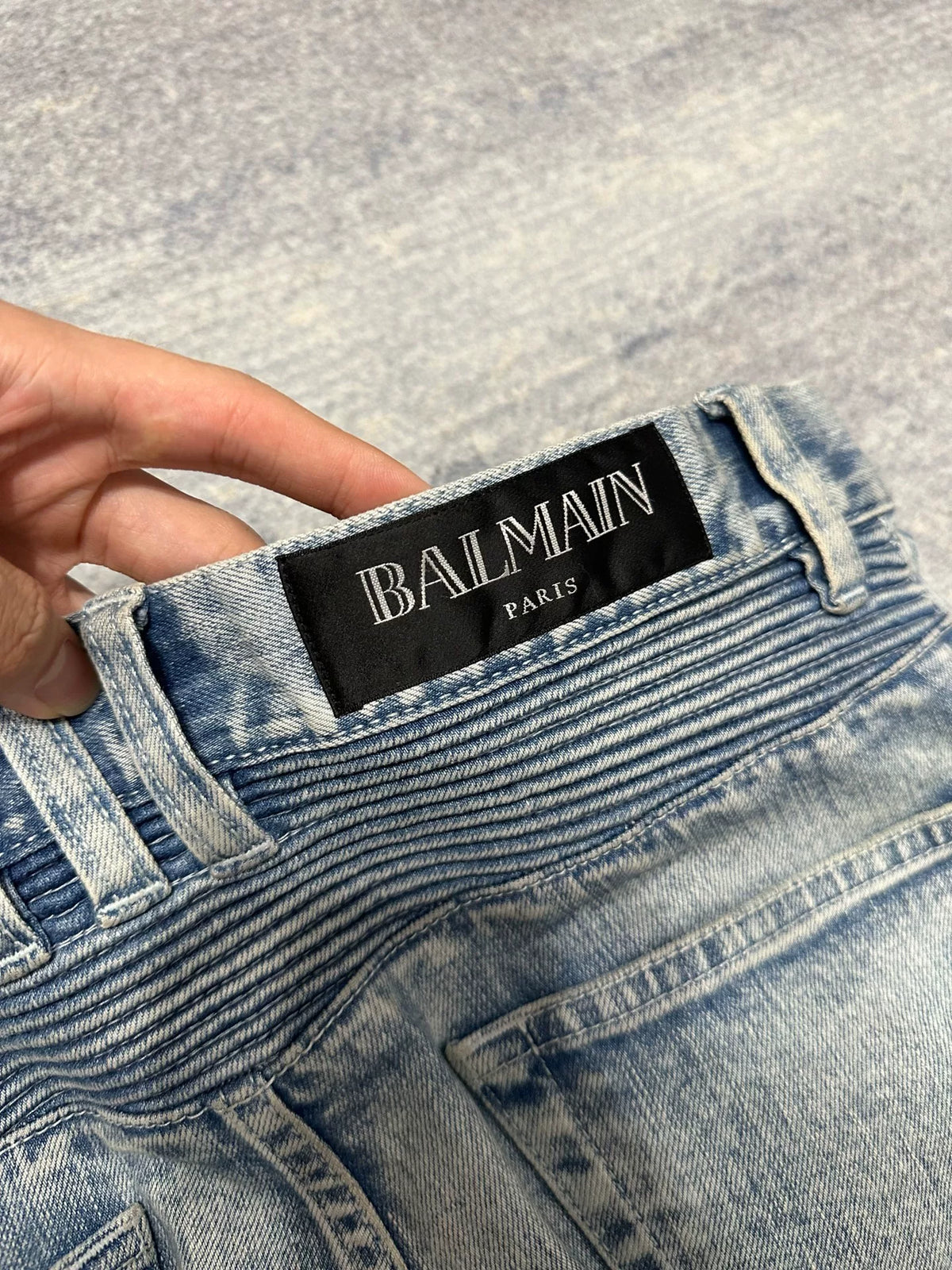 Balmain SS15 ice blue distressed biker jeans