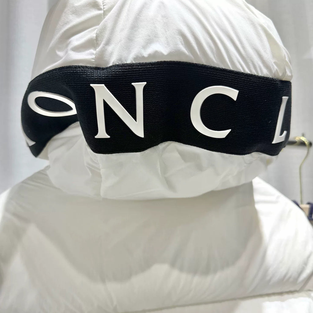 Moncler ODART White Letter Print Webbing Hooded Nylon Down Jacket