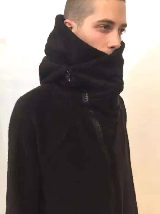 Julius FW16 Black Diagonal Zip Collared Long Hooded Beast Mixed Fiber Coat