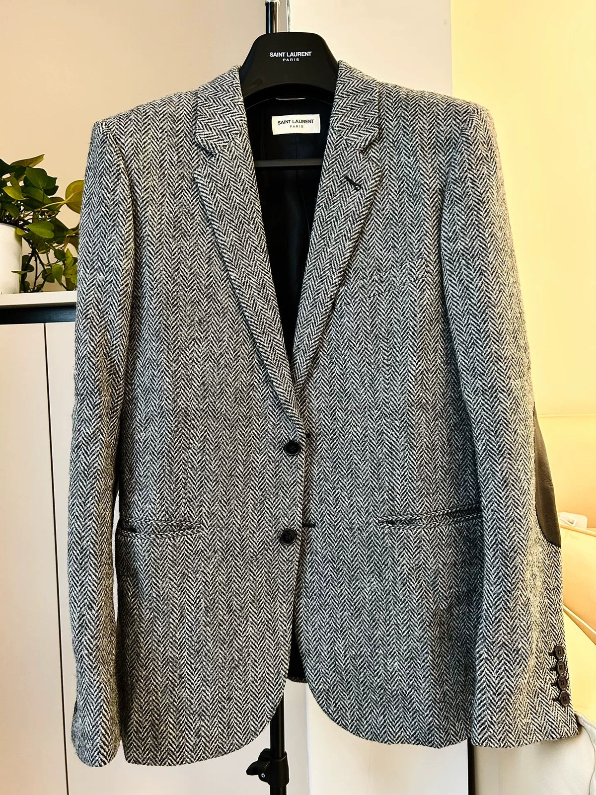 Saint Laurent FW15 Grey Herringbone Lambskin Patched Jacket by Hedi Slimane