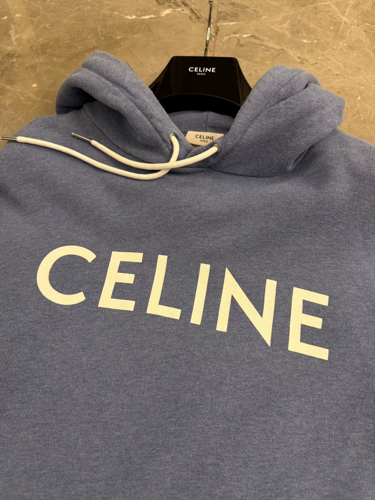 Celine Haze Blue Logo Hooded Cotton Sweater by Hedi Slimane