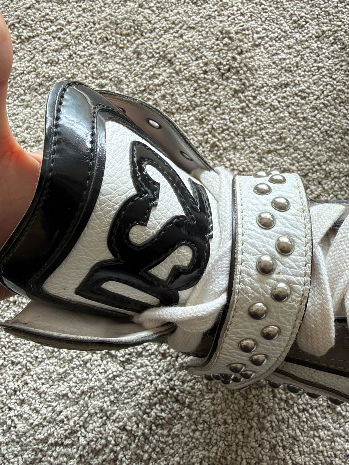 DSQUARED2 White Leather Studded Strap High Top Logo Sneakers