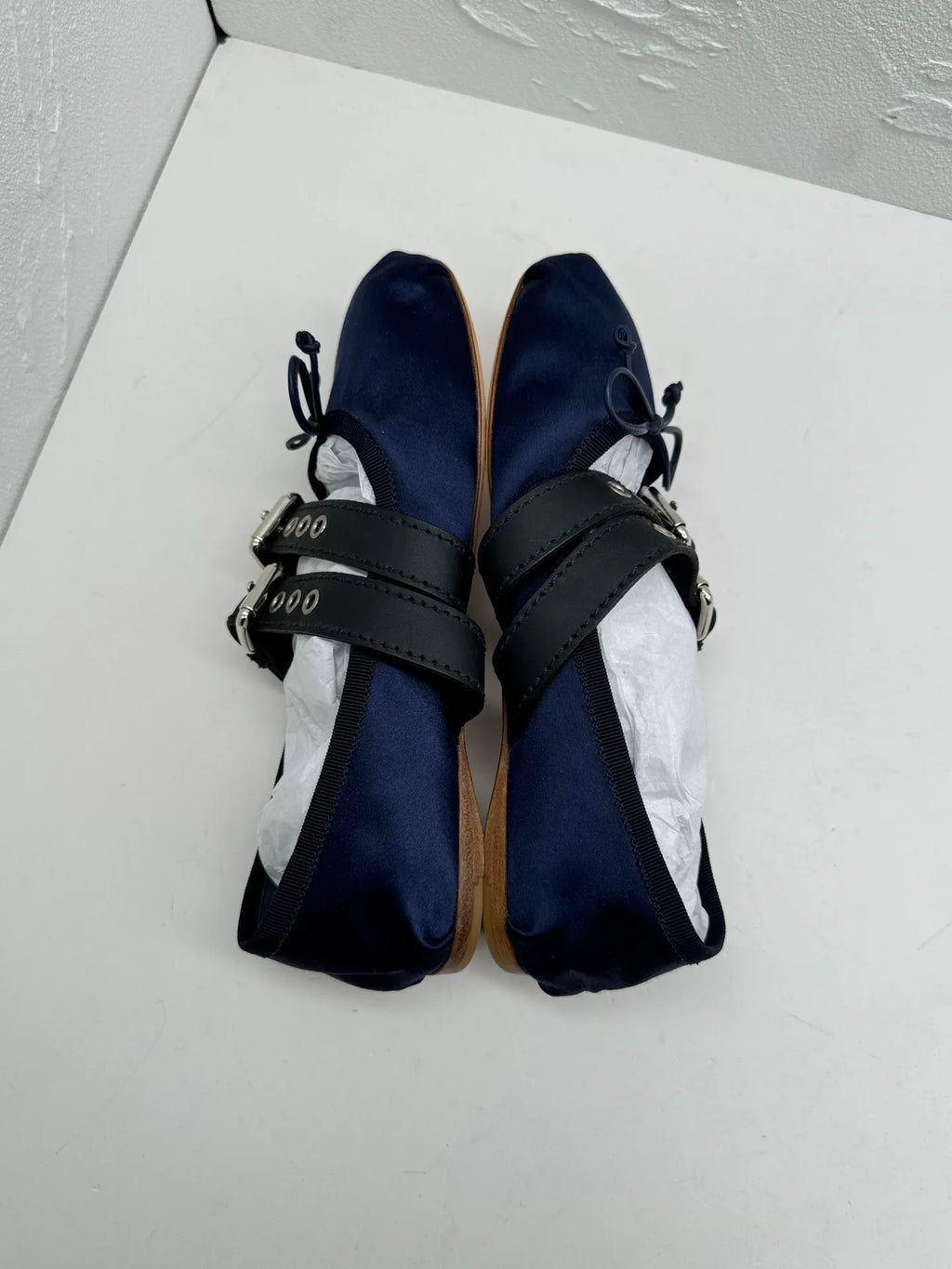 Miu Miu Navy Blue Satin Leather Bow Mary Janes