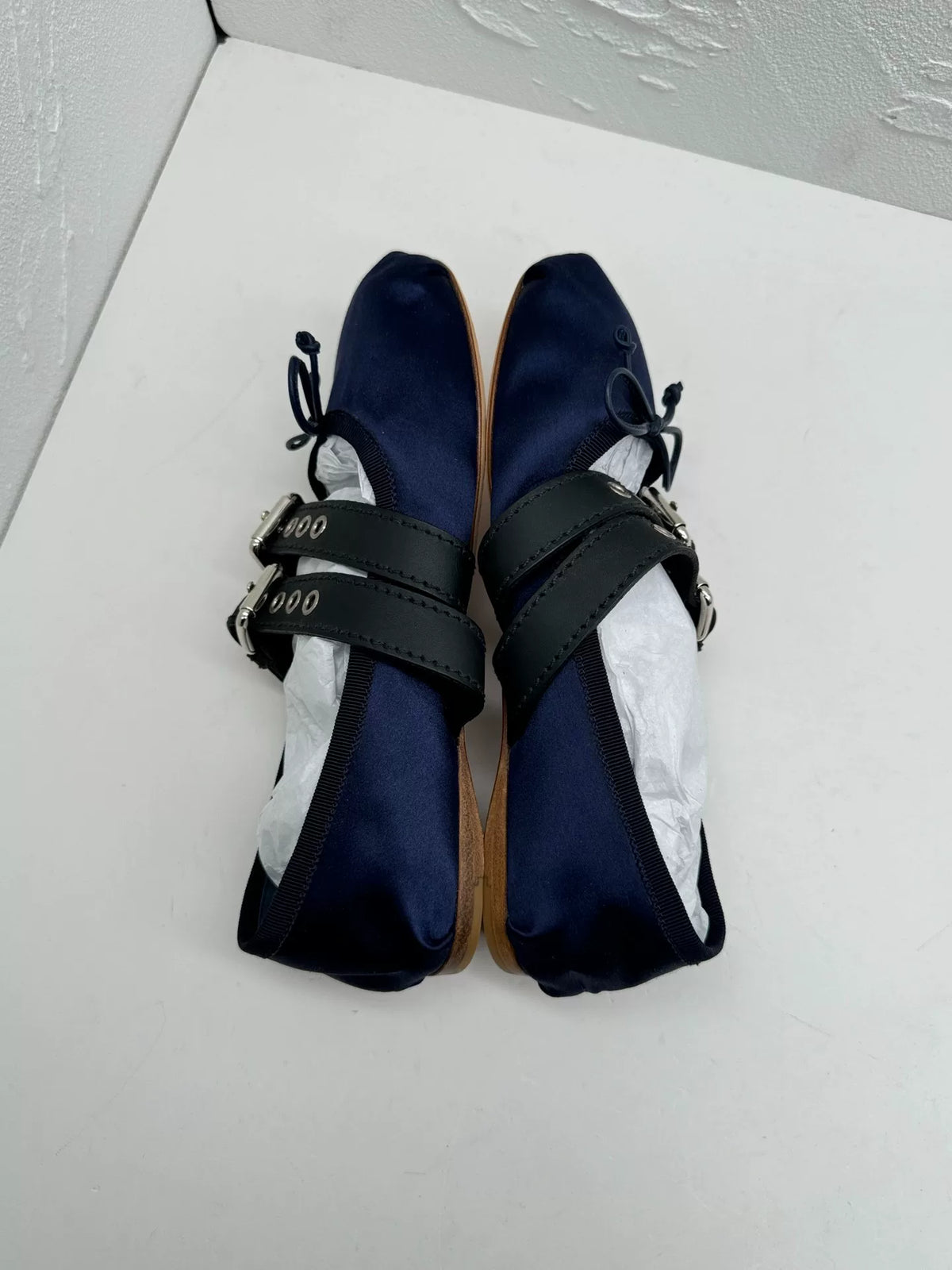 Miu Miu Navy Blue Satin Leather Bow Mary Janes