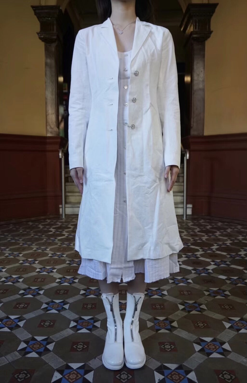 M.A+ SS19 White Three Planet Silver Buttons Cotton Linen Coat