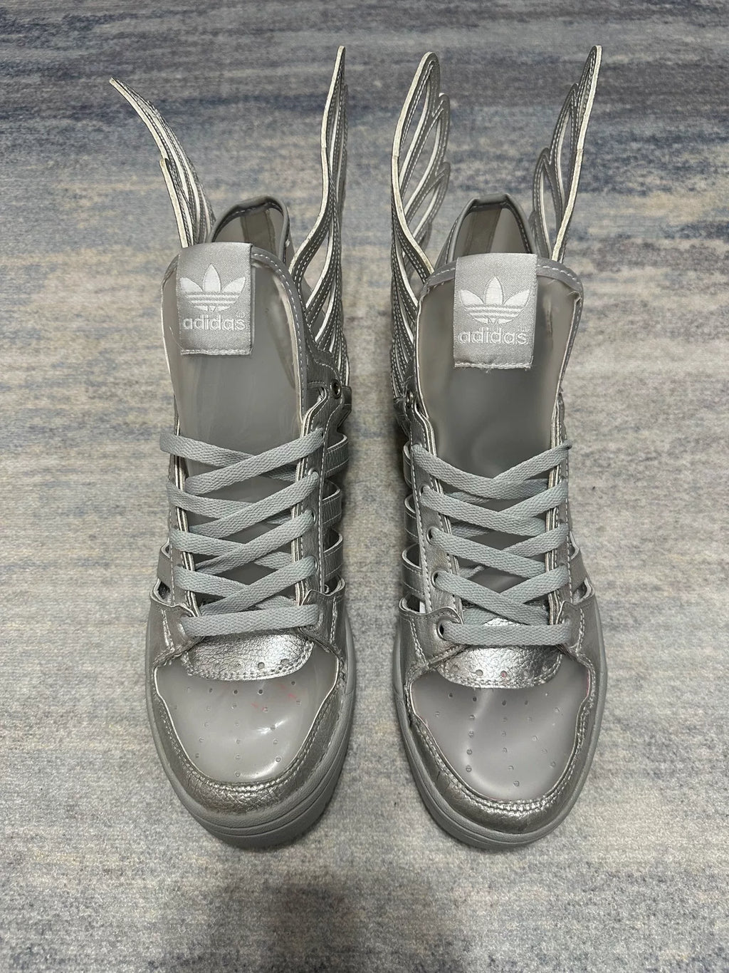Adidas x Jeremy Scott Wings Silver Patent Leather Cutout Skeleton Wing Sneakers