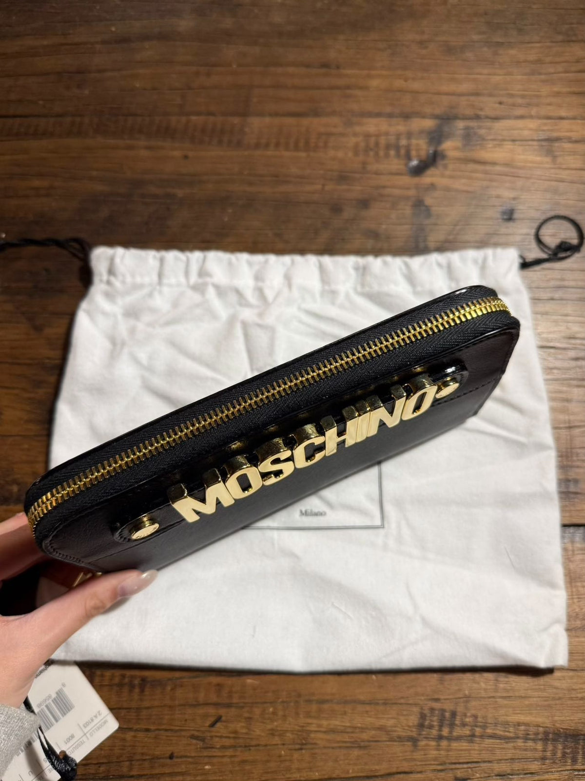 Moschino SS15 Black Gold Logo Zip Leather Wallet