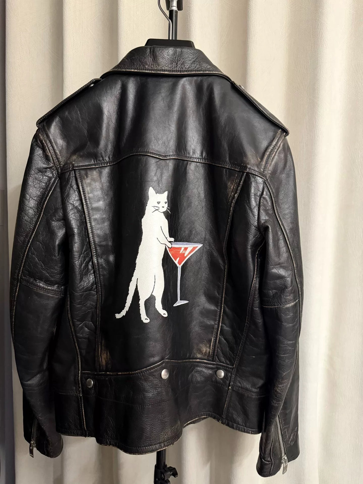 Saint Laurent Paris FW17 L01 Distressed White Cat Print Lambskin Biker Jacket
