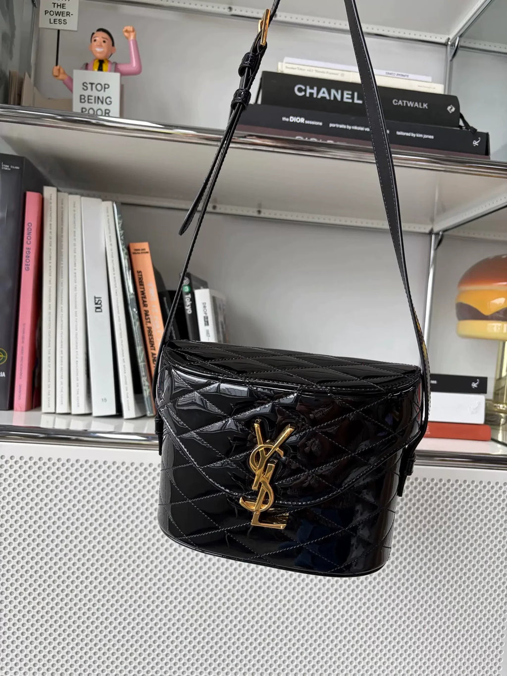Saint Laurent Black Gold Buckle Quilted Patent Leather Box Bag