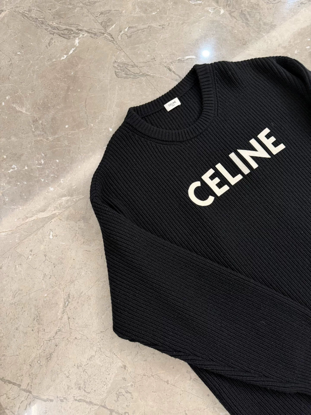 Celine Black Embroidered Logo Crew Neck Wool Sweater by Hedi Slimane