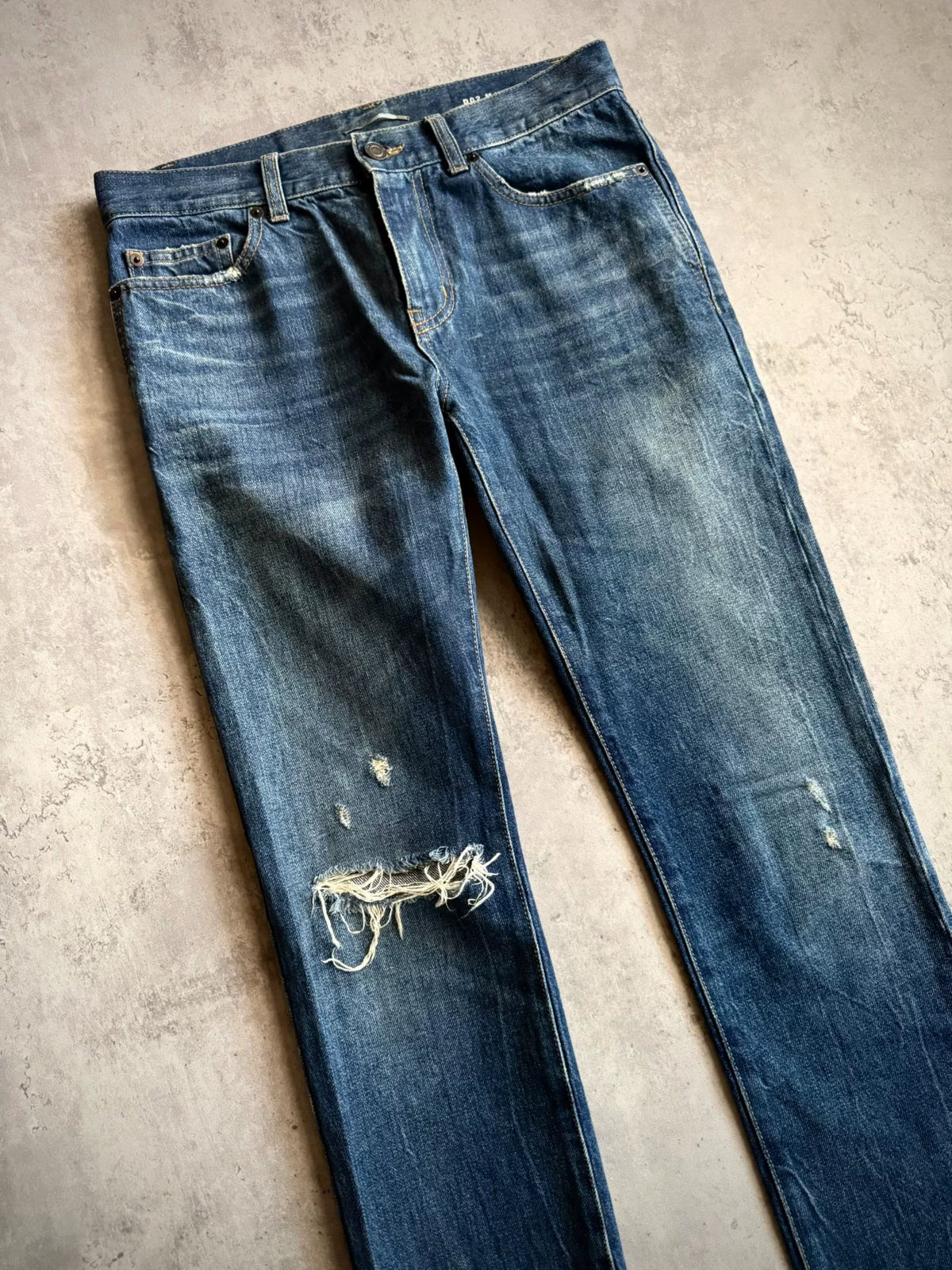 Saint Laurent 19SS Dark Blue Washed Distressed Denim Jeans