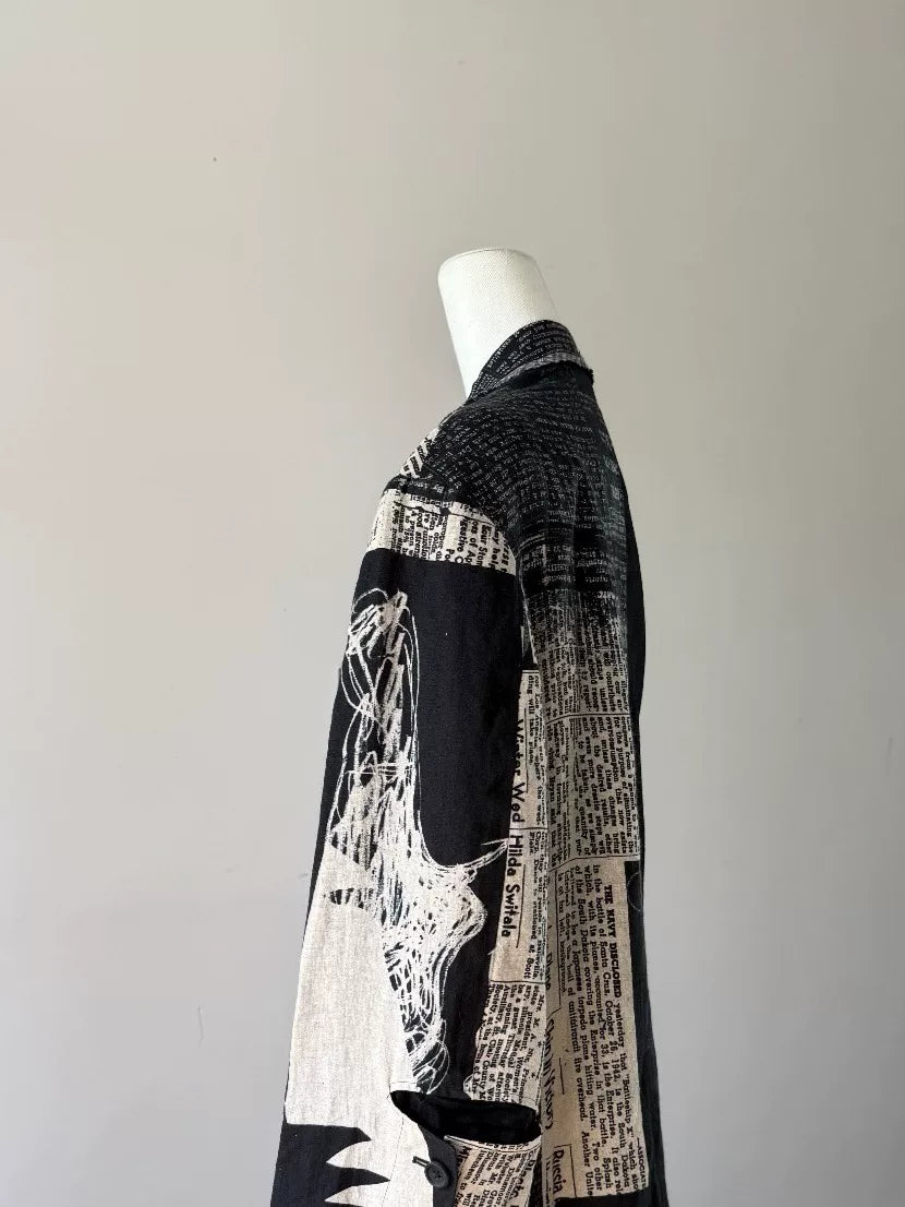 Yohji Yamamoto Black Newspaper Print Asymmetric Linen Coat