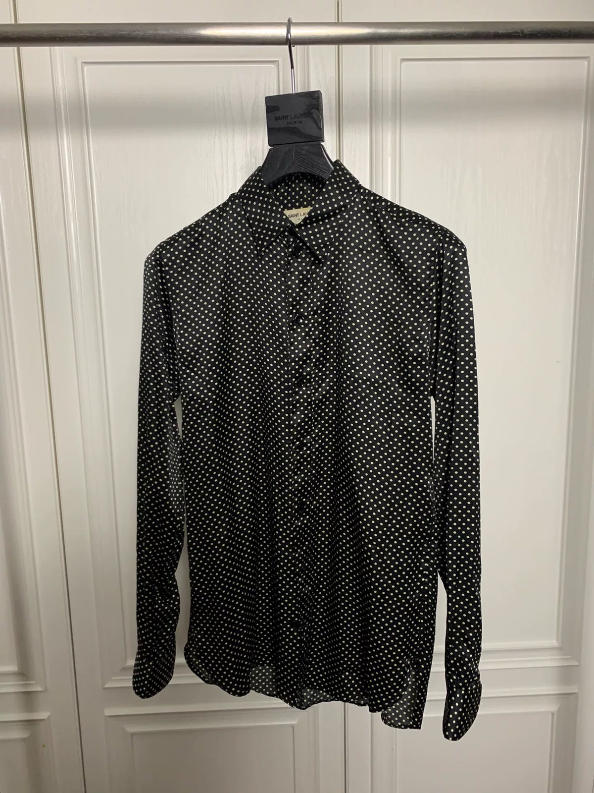 Saint Laurent 16FW Black White Silk Polka Dot Look Shirt