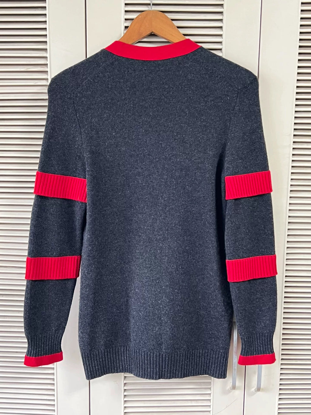 Chanel Grey Red Trim V-Neck Knit Cardigan