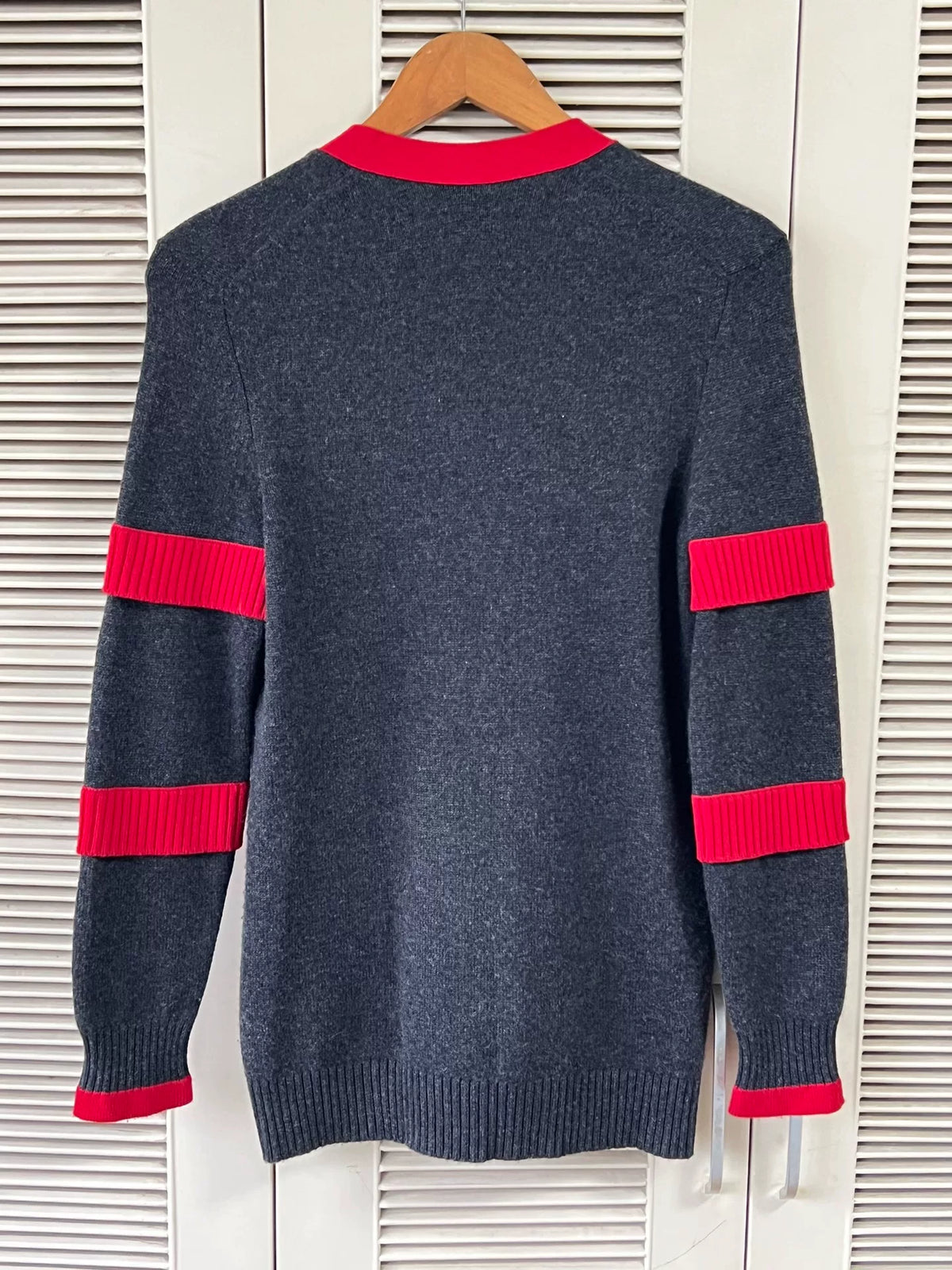 Chanel Grey Red Trim V-Neck Knit Cardigan