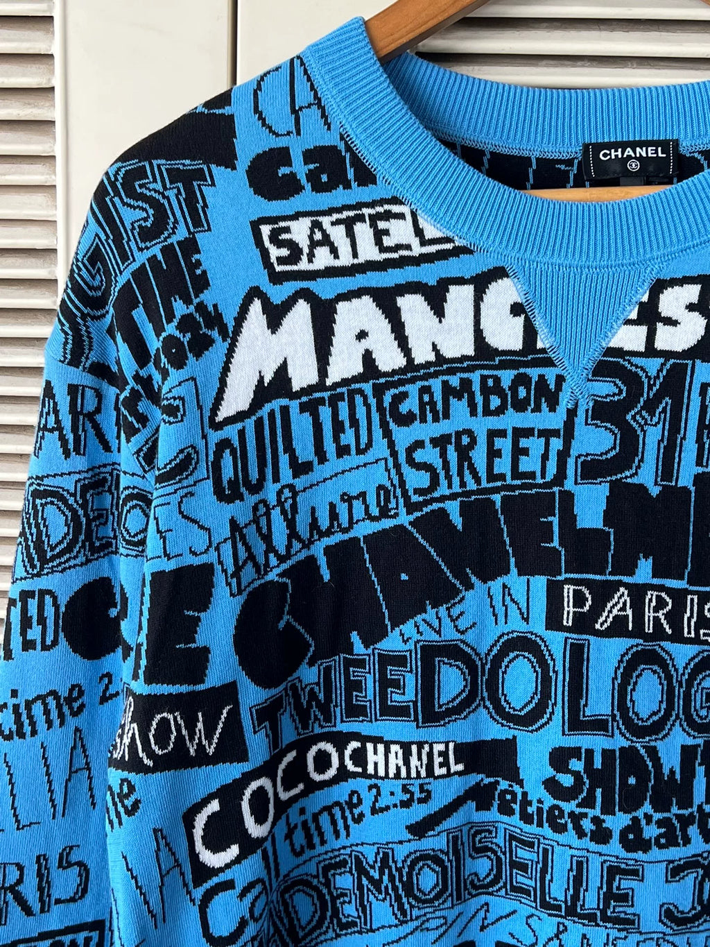 Chanel 24A Métiers d'Art Blue Letter Graffiti Knit Sweatshirt