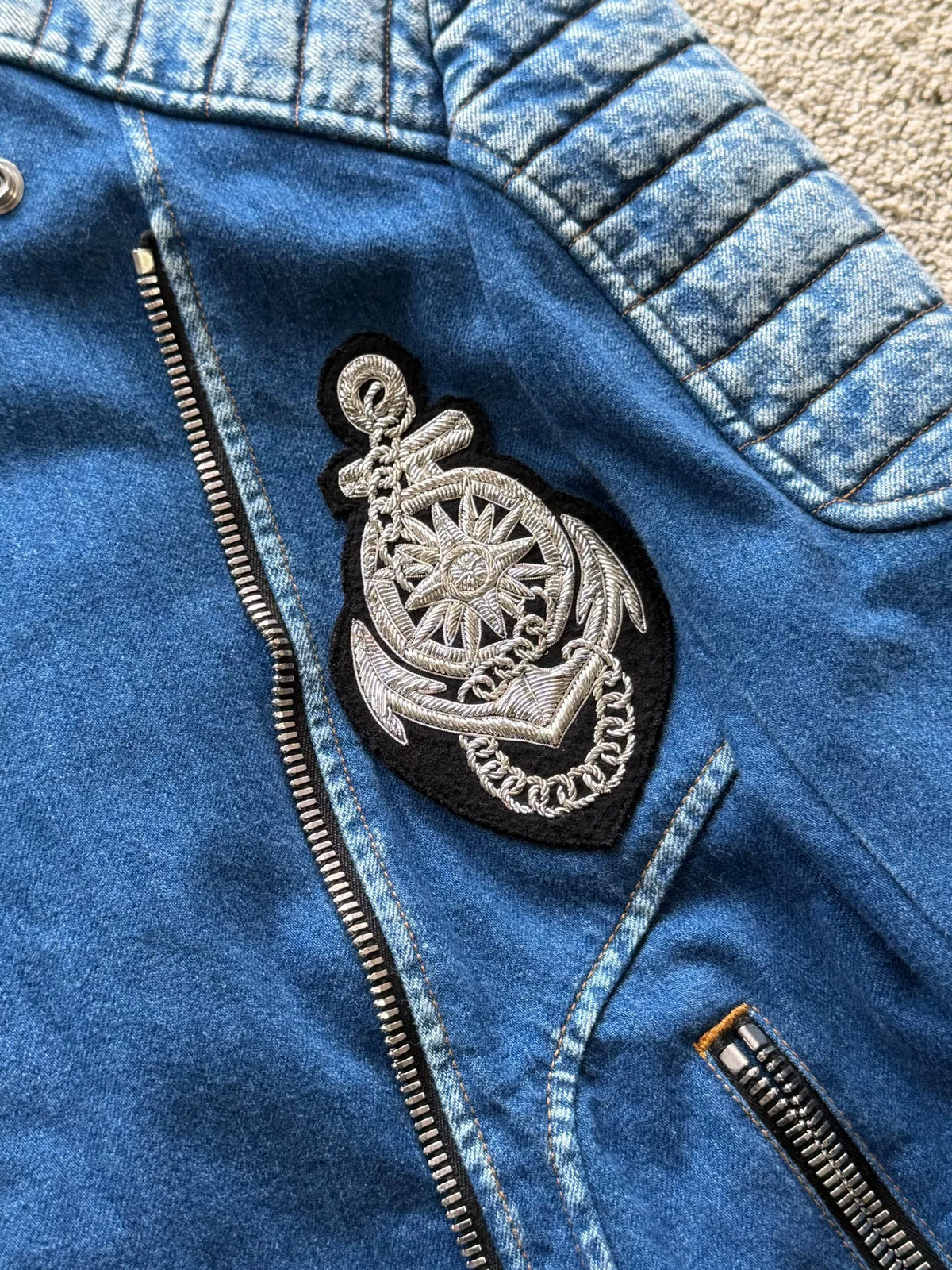 Balmain Quilted Biker Denim Jacket Anchor Patch