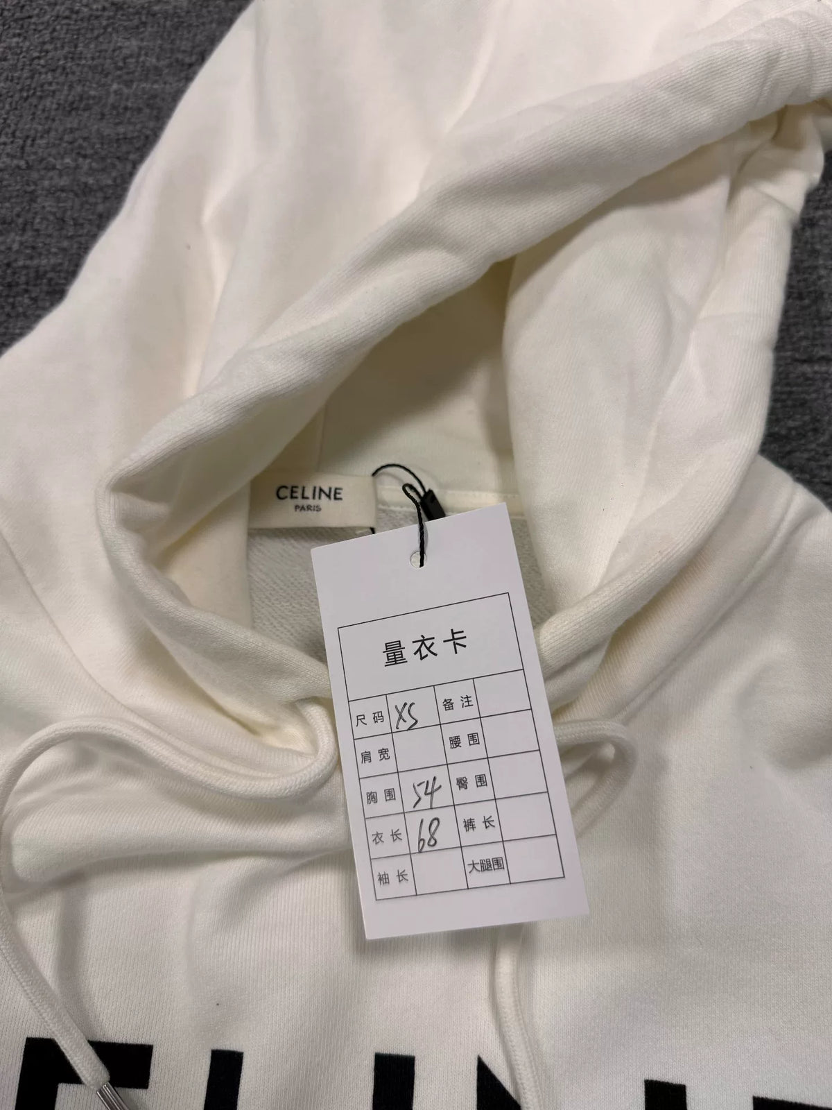 Celine White Logo Print Hooded Sweater