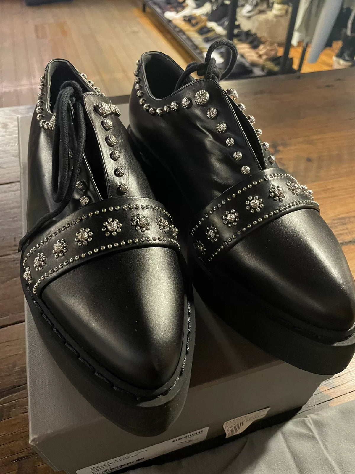 Alexander McQueen FW15 Black Rose Stud Lambskin Platform Heels