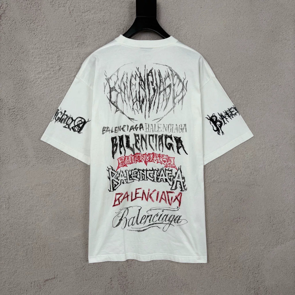 Balenciaga SS24 White Dragon Year Graffiti LOGO Short Sleeve Top
