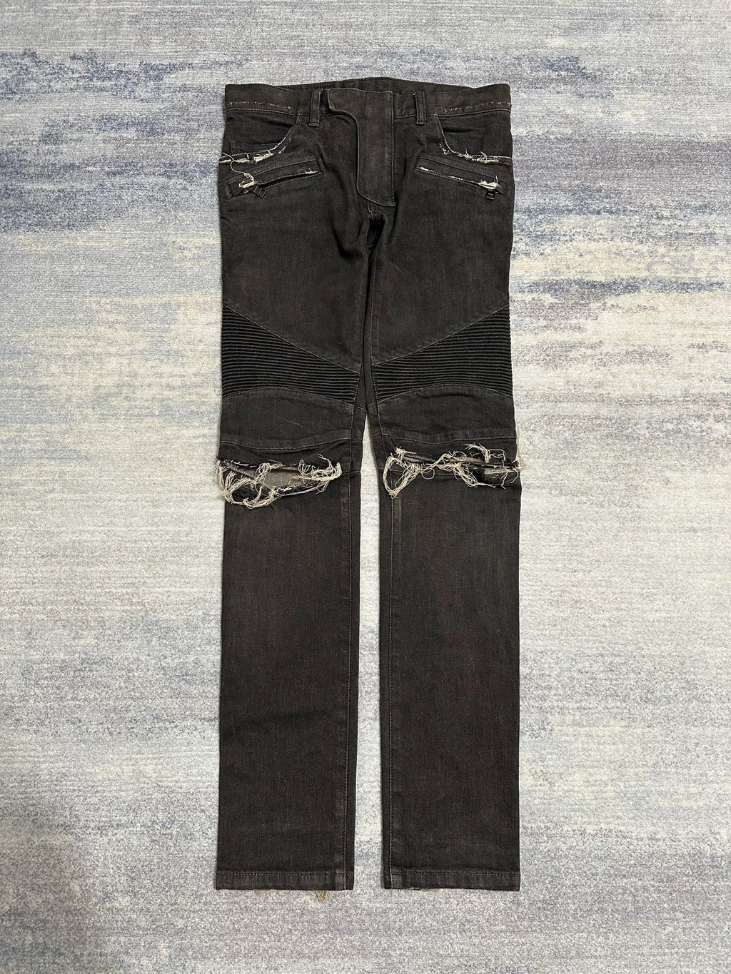 Balmain AW15 Destroyed Motorcycle Distressed Black Zip Jeans