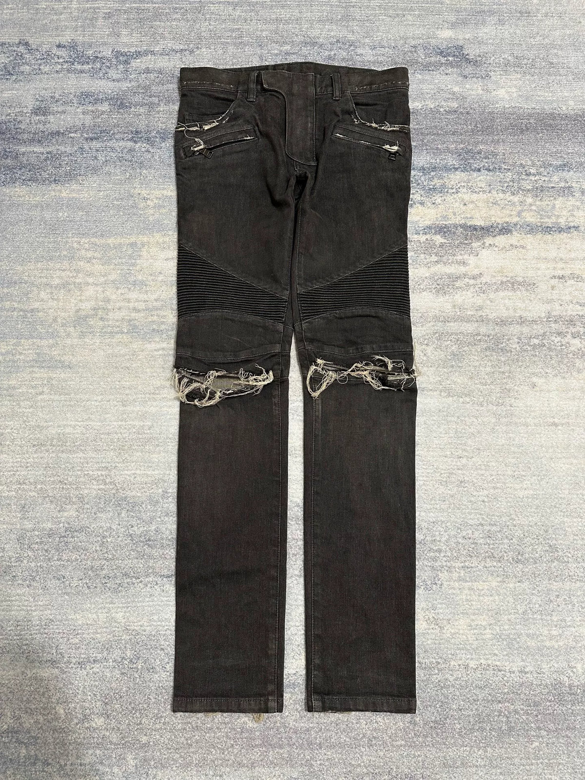 Balmain AW15 Destroyed Motorcycle Distressed Black Zip Jeans