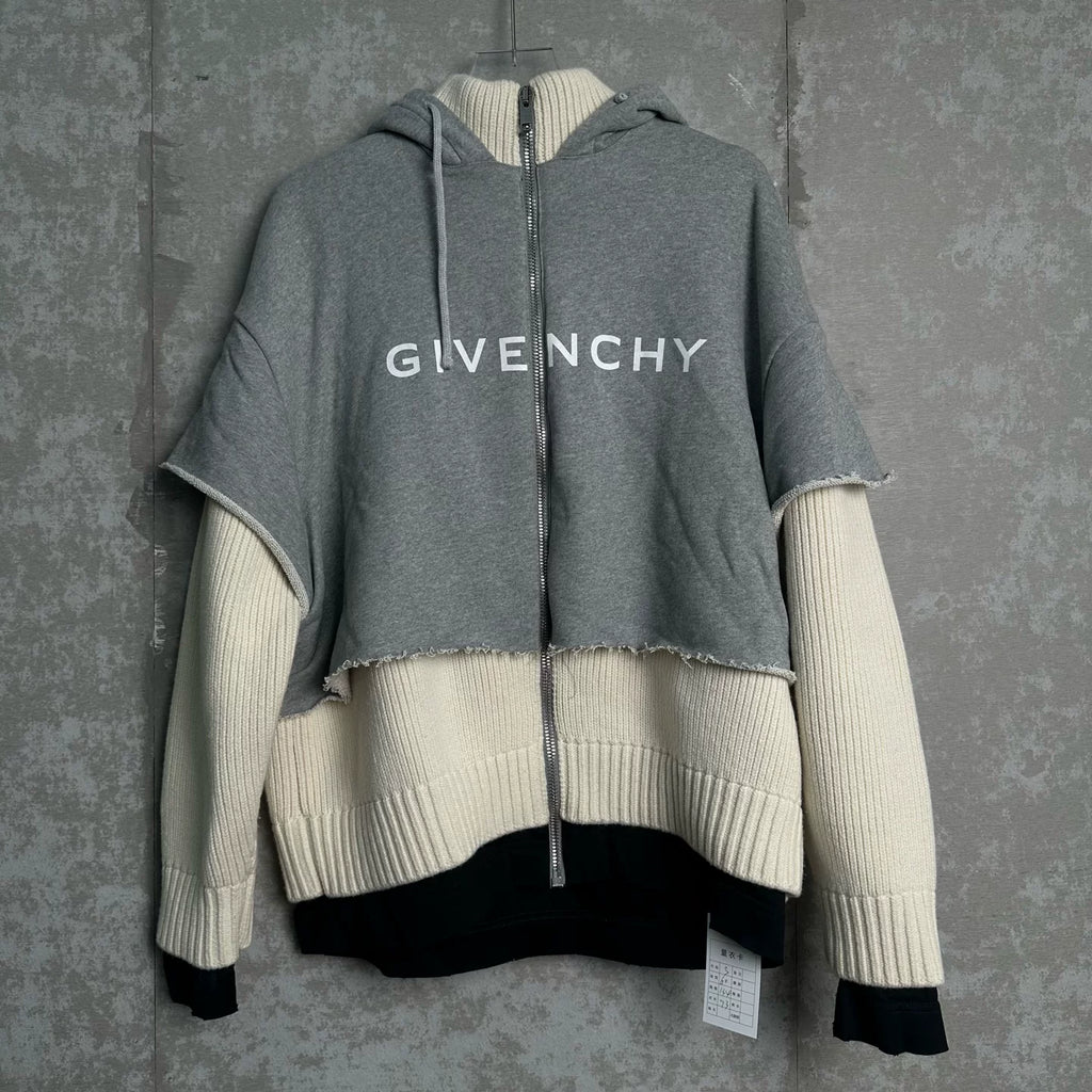 Givenchy Patchwork Fake Two-Piece Zip-Up Hooded Knit Sweater