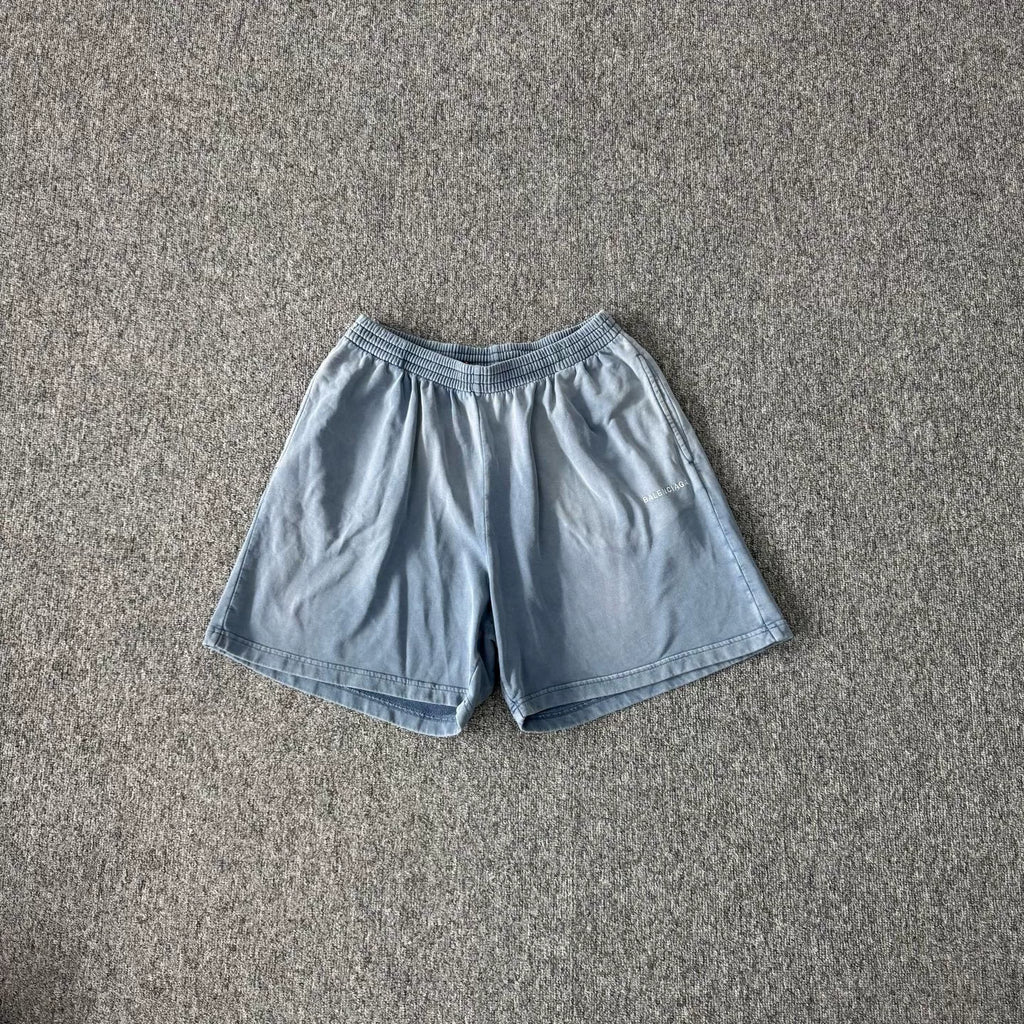 Balenciaga washed blue letter logo stretch waist casual shorts