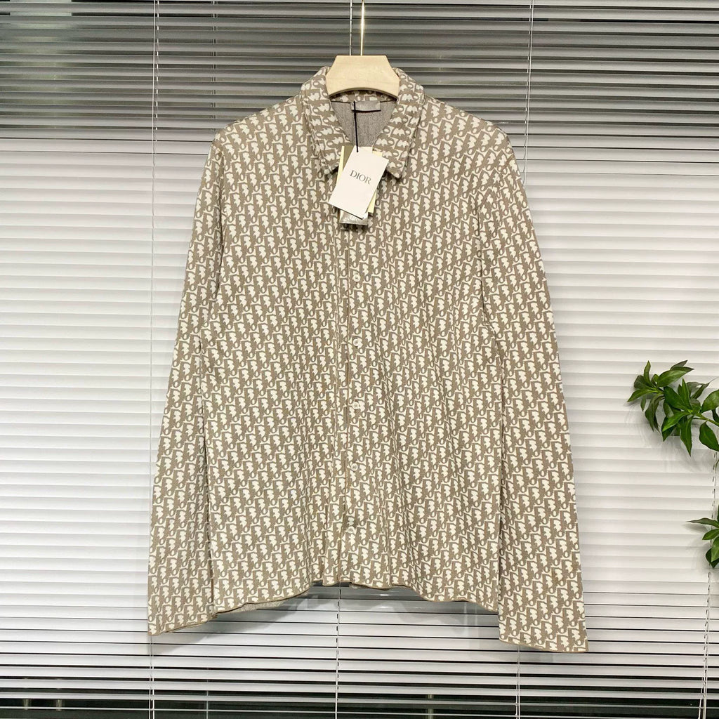 Dior Knit Lapel Shirt Oblique All-Over Logo Print Cotton Button-Front Shirt