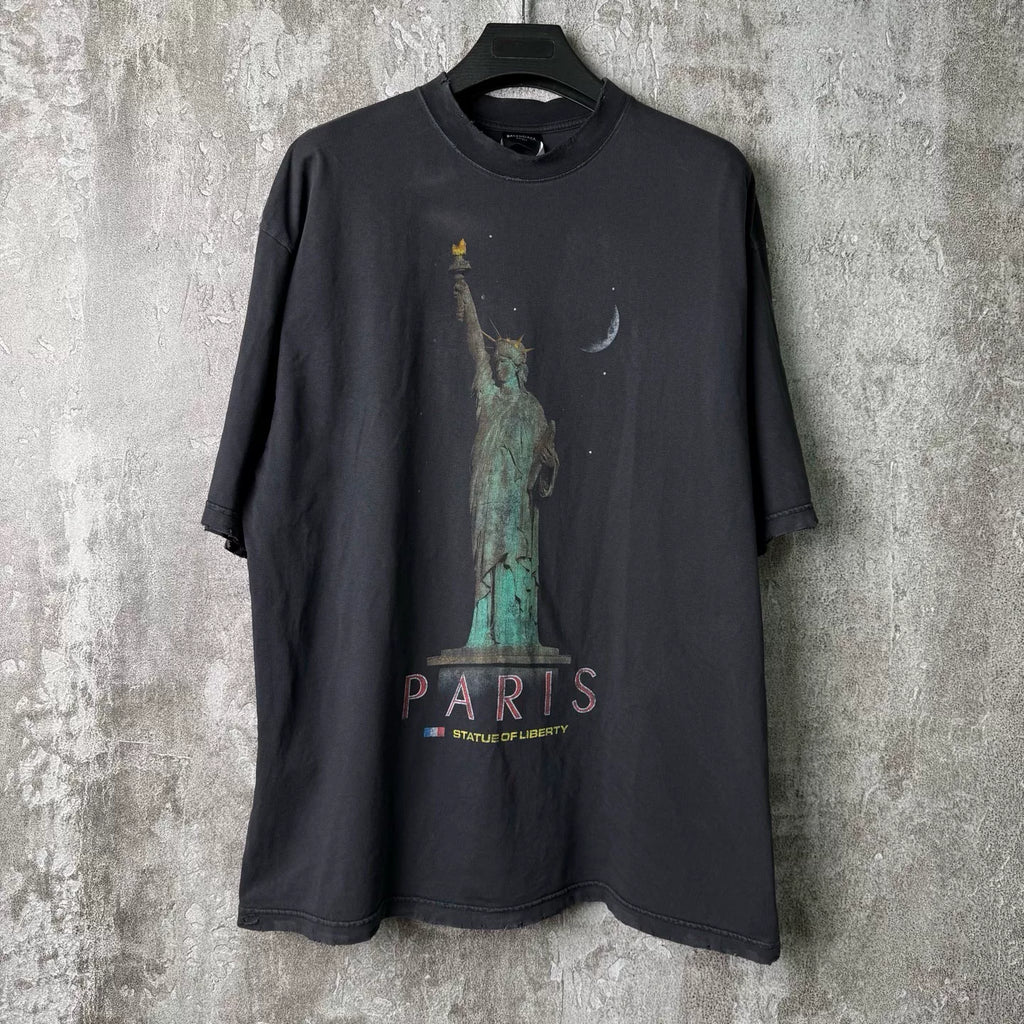 Balenciaga Statue of Liberty Print Distressed Short-Sleeve T-Shirt